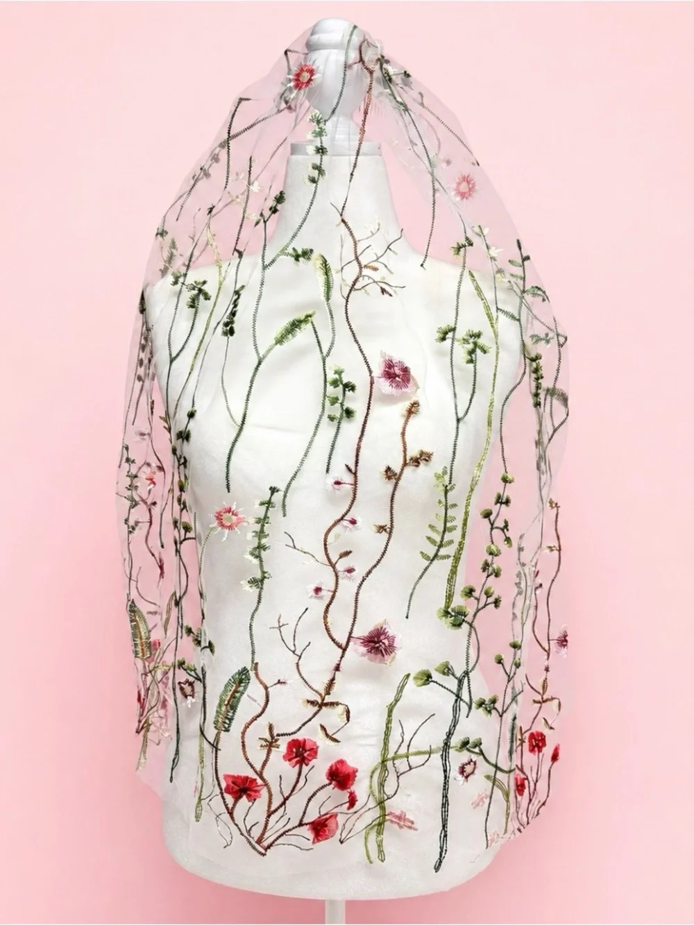 Floral Embroidered Wedding Veil- Single Tier with Metal Comb